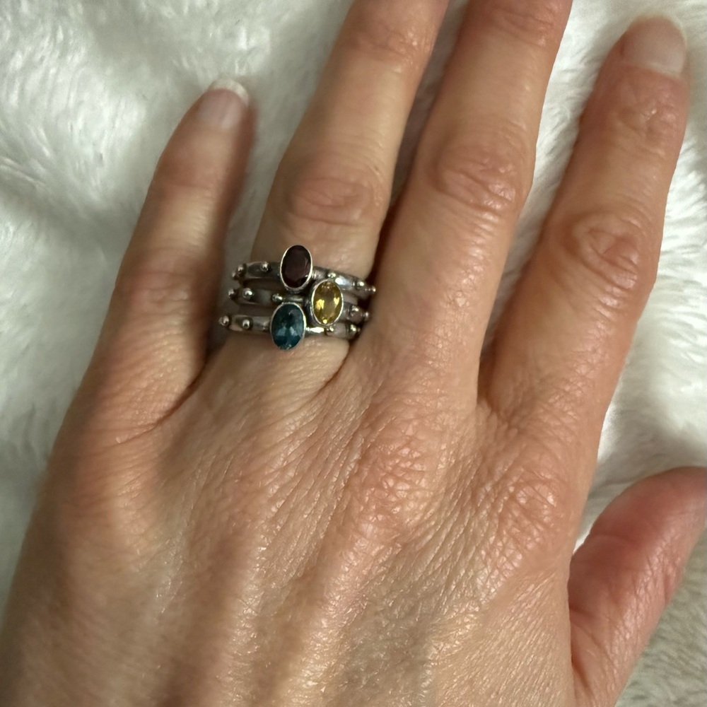 Stackable Silver Ring Set with Blue Topaz, Citrine, and Garnet - Picture 6 of 6